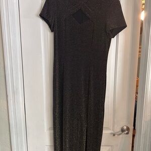S.L. Fashions Black and Gold Sheath Midi Dress Mock Neck stretch  slit left leg